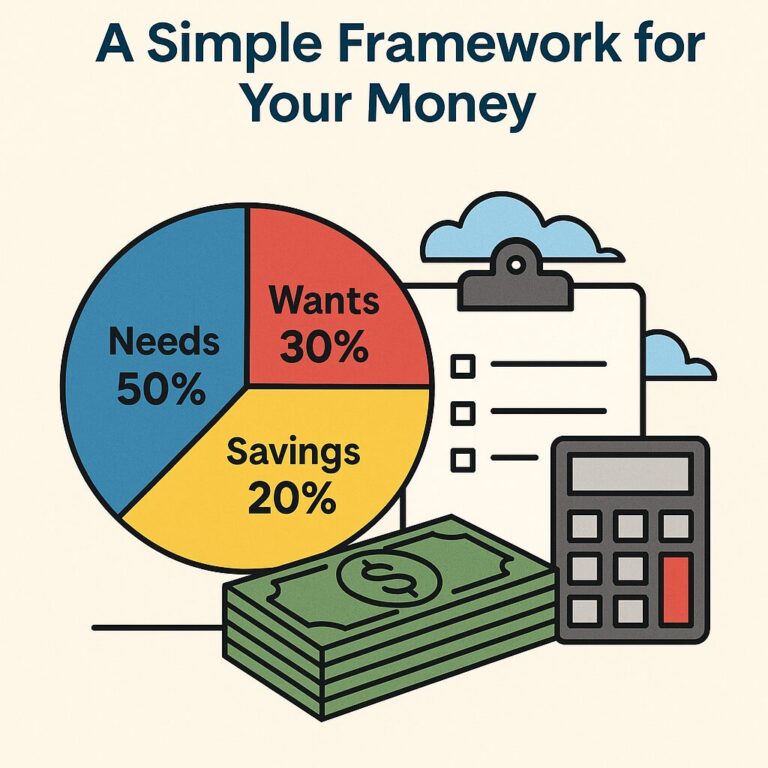 Notebook with budget plan, calculator, and coffee on a desk — representing the 50/30/20 budget rule framework for money management.