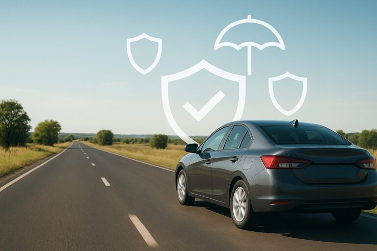 Car on an open road with shield icons symbolizing auto insurance protection.