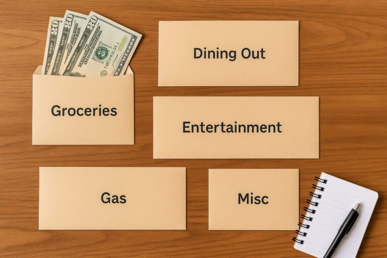 Cash envelope budgeting system with labeled envelopes and dollar bills for groceries, dining out, and entertainment.