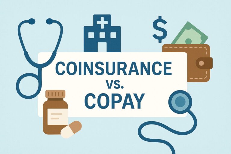 “Hero image for health insurance article comparing coinsurance vs. copay, showing medical icons like stethoscope, prescription bottle, and hospital alongside money icons like wallet and dollar sign, with text ‘Coinsurance vs. Copay’ in bold blue letters.”