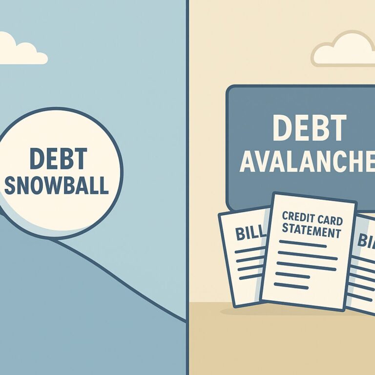 Comparison of the debt snowball method vs. debt avalanche method for paying off debt, shown with a snowball rolling downhill and an avalanche crushing bills.