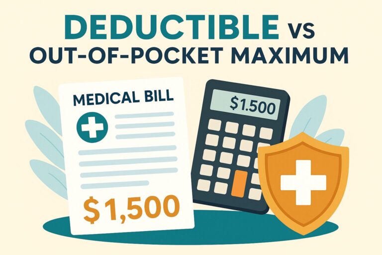 “Illustration of medical bills, calculator, and health shield showing the difference between deductible and out-of-pocket maximum.”