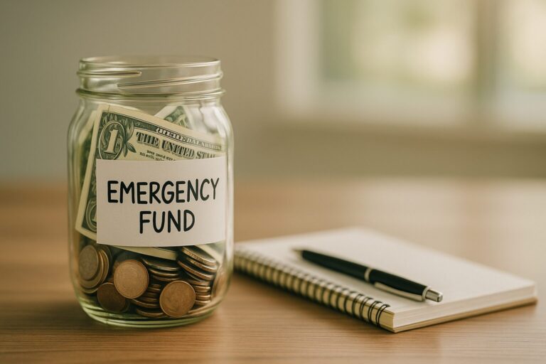 Jar labeled “Emergency Fund” filled with cash and coins on a desk with a notepad and pen.