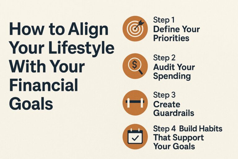 How to Align Your Lifestyle With Your Financial Goals’ with four illustrated steps: define your priorities, audit your spending, create guardrails, and build habits that support your goals.