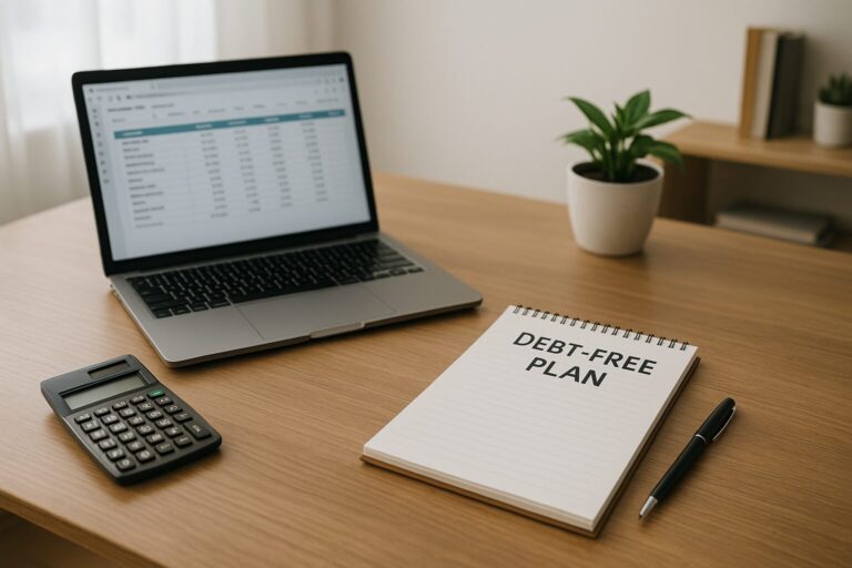 Clean home office desk with laptop, calculator, and notepad titled ‘Debt-Free Plan,’ symbolizing financial freedom and debt payoff strategy.