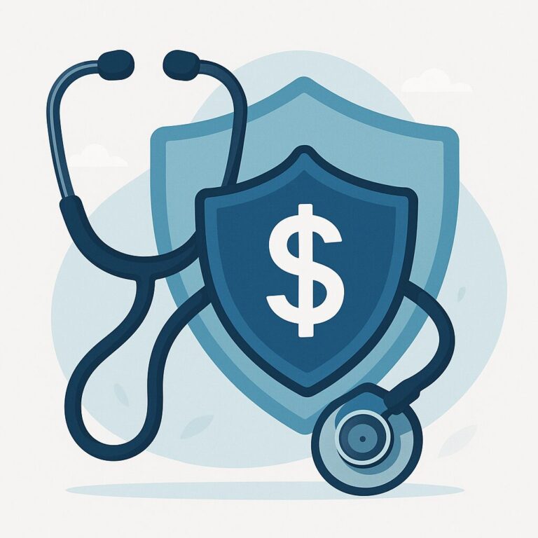 Health insurance concept with a stethoscope and shield protecting finances.