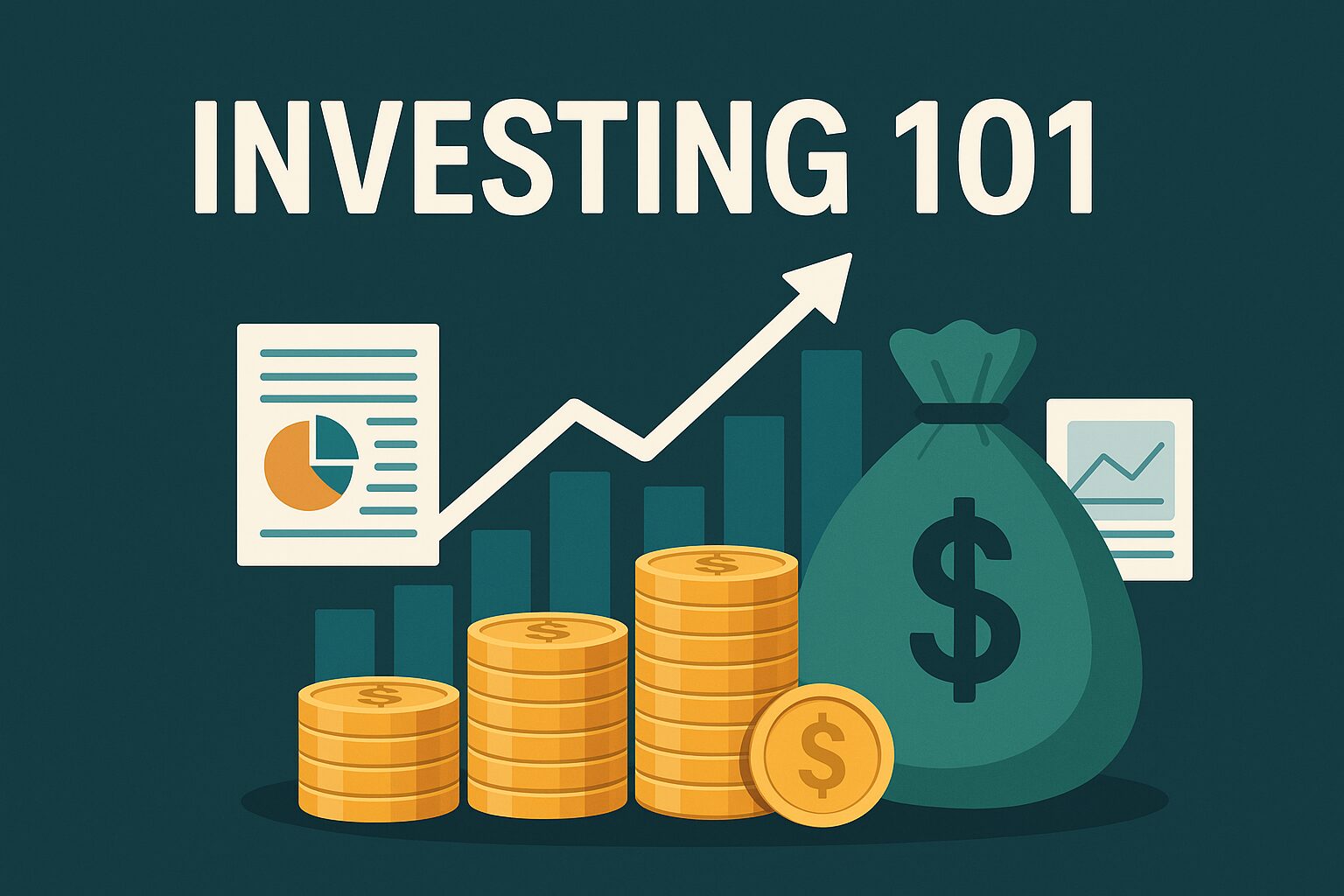 Investing 101 hero image featuring stacks of gold coins, a money bag with a dollar symbol, and upward-trending charts representing financial growth and investment success.