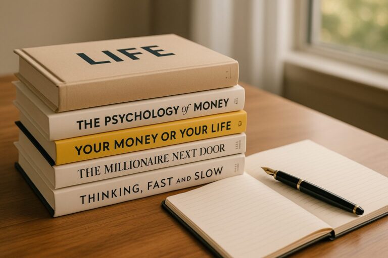 Stack of personal finance and self-help books with a journal and pen on a desk, symbolizing building a lasting money mindset.