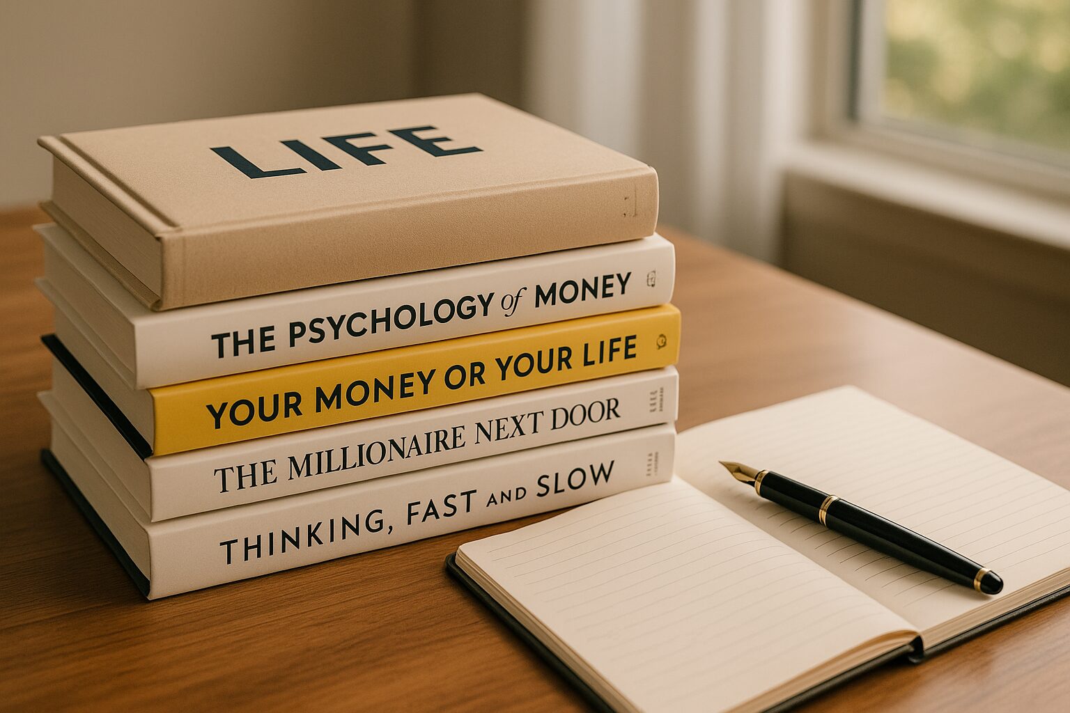 Stack of personal finance and self-help books with a journal and pen on a desk, symbolizing building a lasting money mindset.