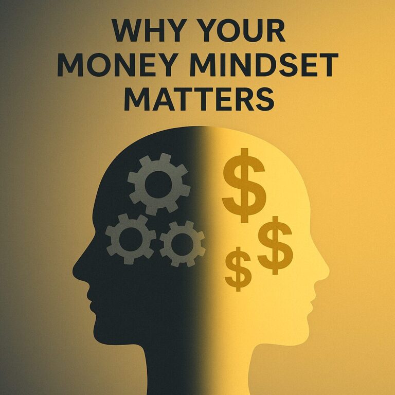 “Illustration of money mindset: shifting from scarcity to abundance with gears and dollar symbols in a glowing head profile.”