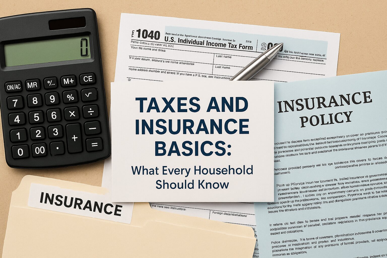 Flat lay of financial documents with calculator, tax forms, and insurance papers, symbolizing the importance of taxes and insurance in household finances.