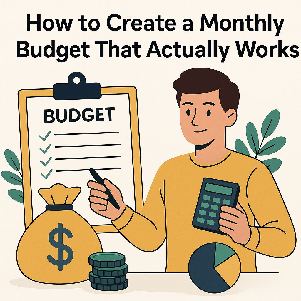 "Modern desk with calculator displaying a budgeting spreadsheet, open notebook with handwritten notes, and a cup of coffee β symbolizing practical monthly budgeting and financial planning.