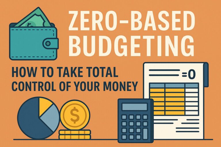 Zero-Based Budgeting concept illustration with wallet, calculator, pie chart, coins, and budget sheet, showing how to allocate every dollar for total money control.