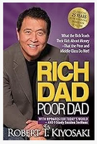 Book cover of Rich Dad Poor Dad by Robert Kiyosaki, purple background with bold yellow title text.