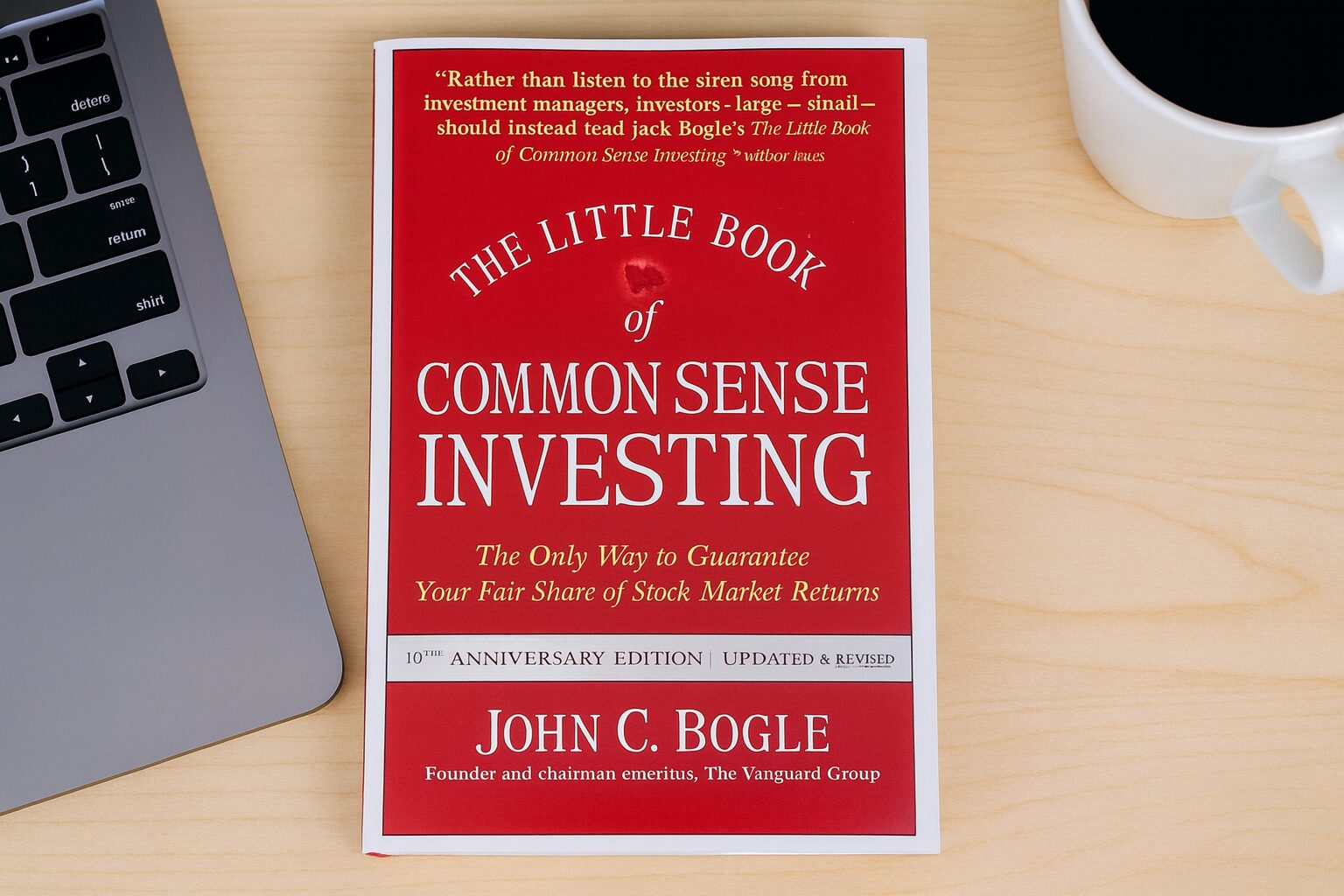 “Book cover of The Little Book of Common Sense Investing by John C. Bogle on a clean desk with laptop and coffee — symbolizing simple, steady investing.”