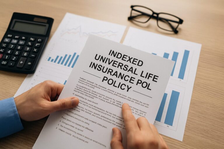 “Person reviewing an Indexed Universal Life insurance policy with charts and calculator on a desk, symbolizing the hidden costs behind IUL investments.”