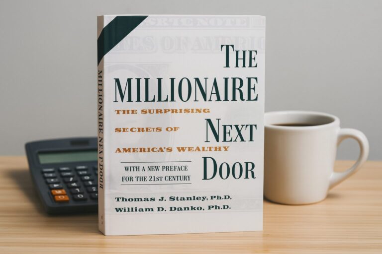 “Book cover of The Millionaire Next Door by Thomas J. Stanley and William D. Danko on a simple desk with calculator and coffee cup — symbolizing frugality and discipline.”