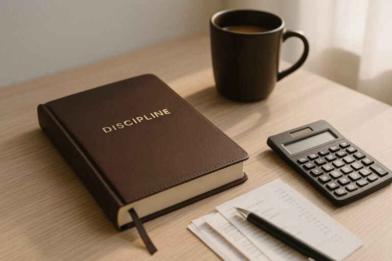 A clean desk with a leather notebook titled “Discipline,” a calculator, pen, and coffee cup under soft morning light—symbolizing focus, consistency, and financial control.