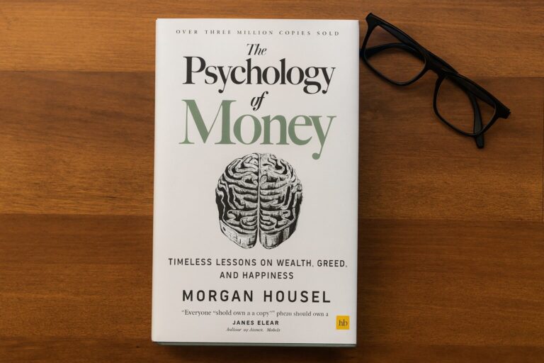 Book cover of The Psychology of Money by Morgan Housel sitting on a wooden desk with reading glasses — symbolizing financial wisdom and reflection.