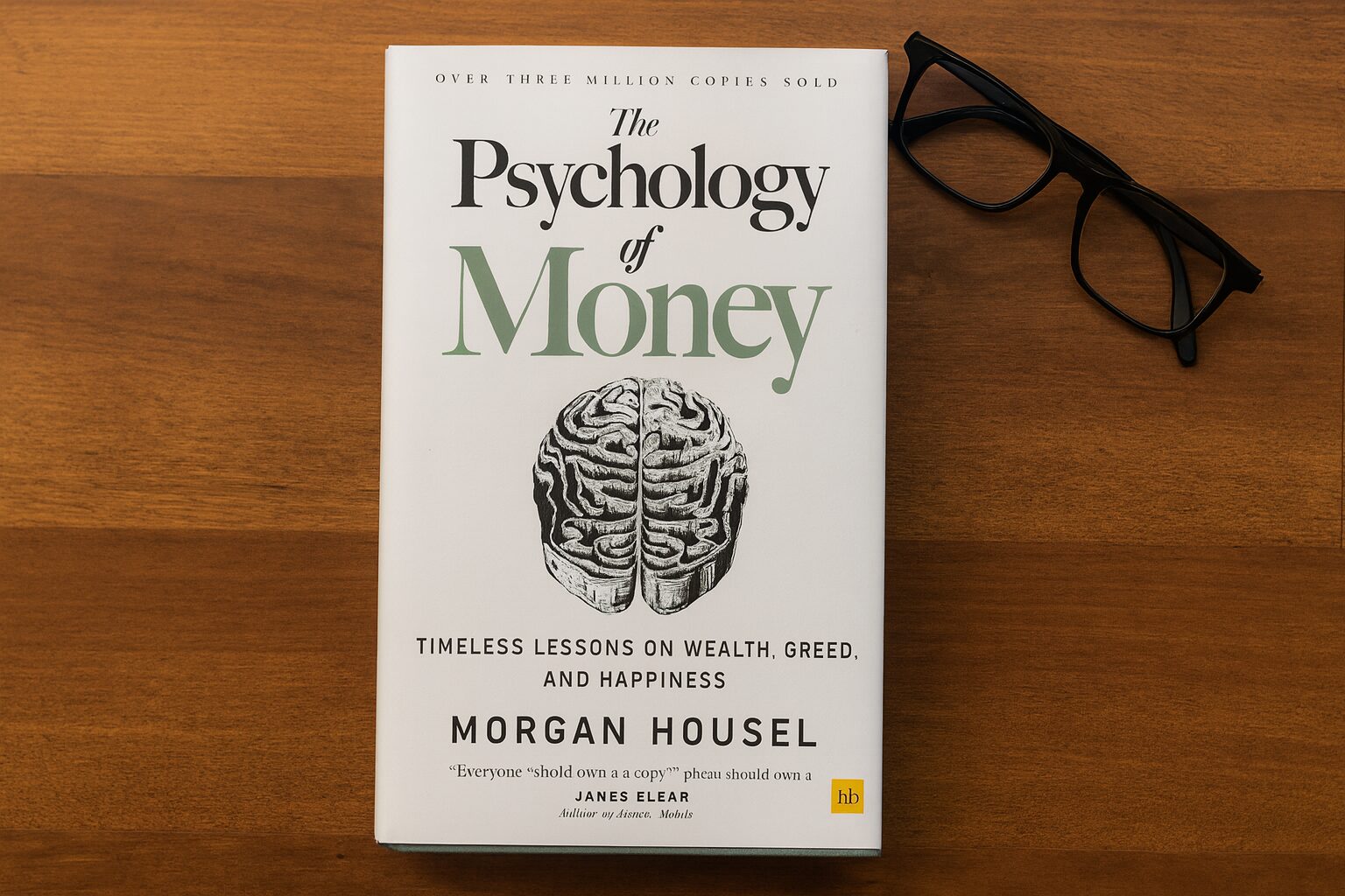 Book cover of The Psychology of Money by Morgan Housel sitting on a wooden desk with reading glasses — symbolizing financial wisdom and reflection.