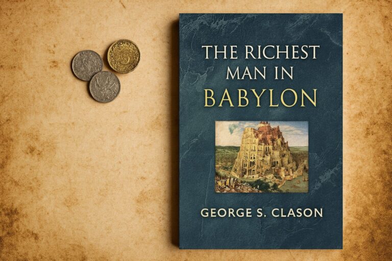 “Book cover of The Richest Man in Babylon by George S. Clason on an aged parchment background with coins — symbolizing timeless financial wisdom.”