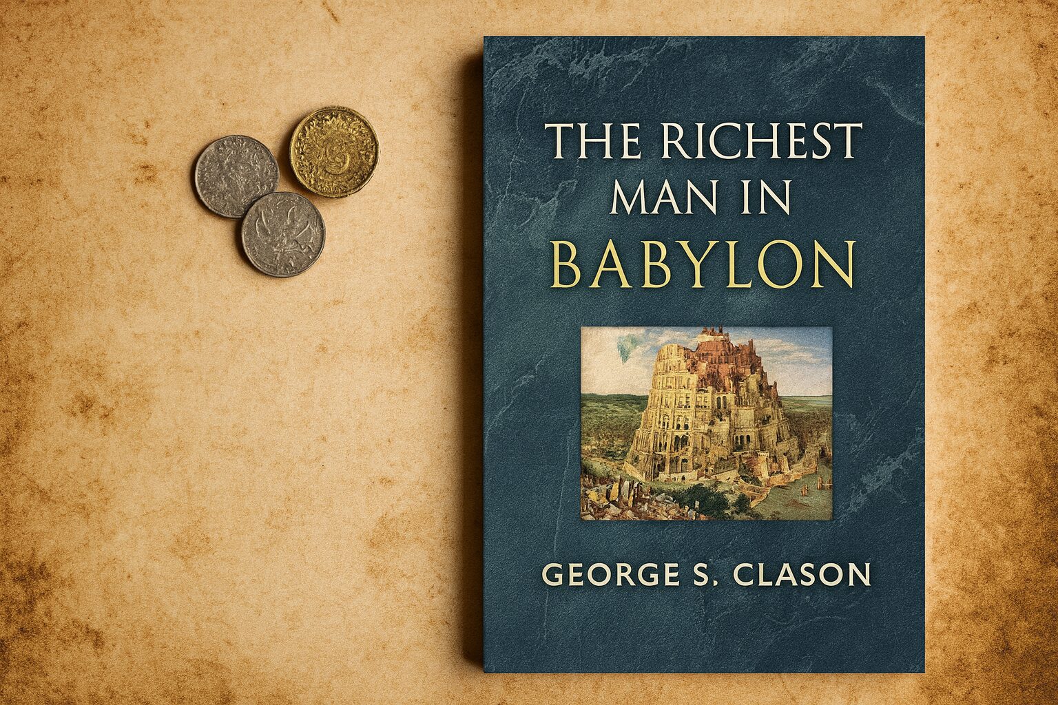“Book cover of The Richest Man in Babylon by George S. Clason on an aged parchment background with coins — symbolizing timeless financial wisdom.”