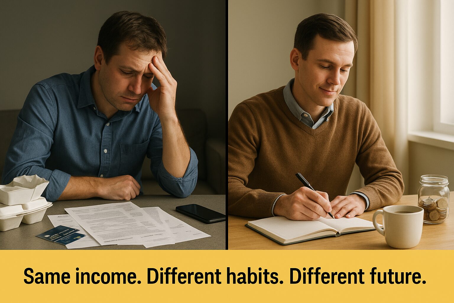 "Two professionals with identical incomes showing different financial outcomes due to lifestyle habits."