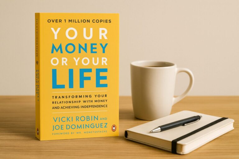 “Book cover of Your Money or Your Life by Vicki Robin and Joe Dominguez beside a coffee mug and journal — symbolizing mindful money habits and simplicity.”